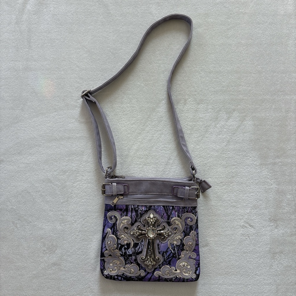 Purple Camouflage Rhinestone Crossbody Purse